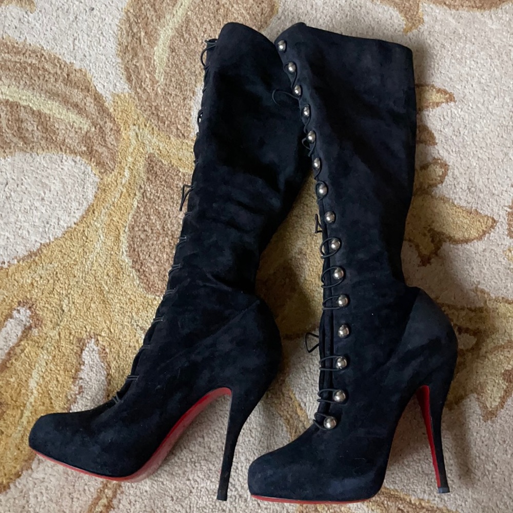 Christian Louboutin Suede Knee high Boots with silver buttons size 38